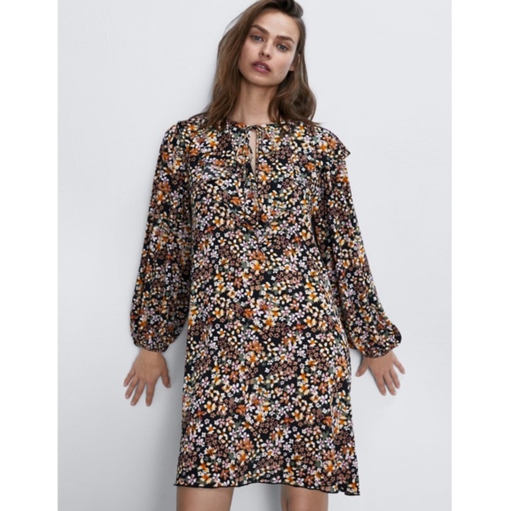 NWT Zara Floral Satin Boho Balloon Sleeve Dress - Picture 2 of 6